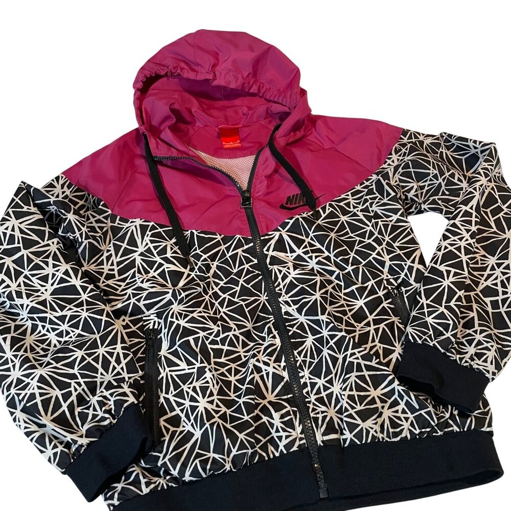 Nike Womens Hooded Windbreaker Jacket Black & Pink Geometric Pattern M Medium